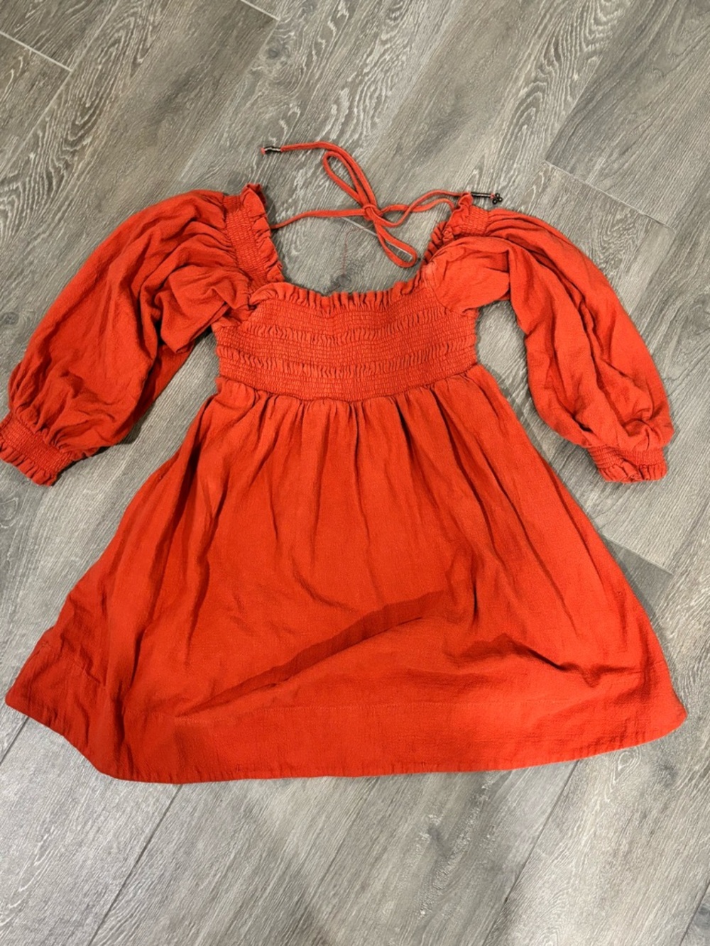 Free People Orange Red Puff-Sleeve Smocked Mini Dress